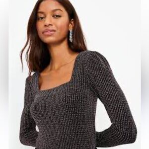 Ann Taylor LOFT “Shot of Shimmer” Black Ribbed Square Neck Knit Top M NWOT